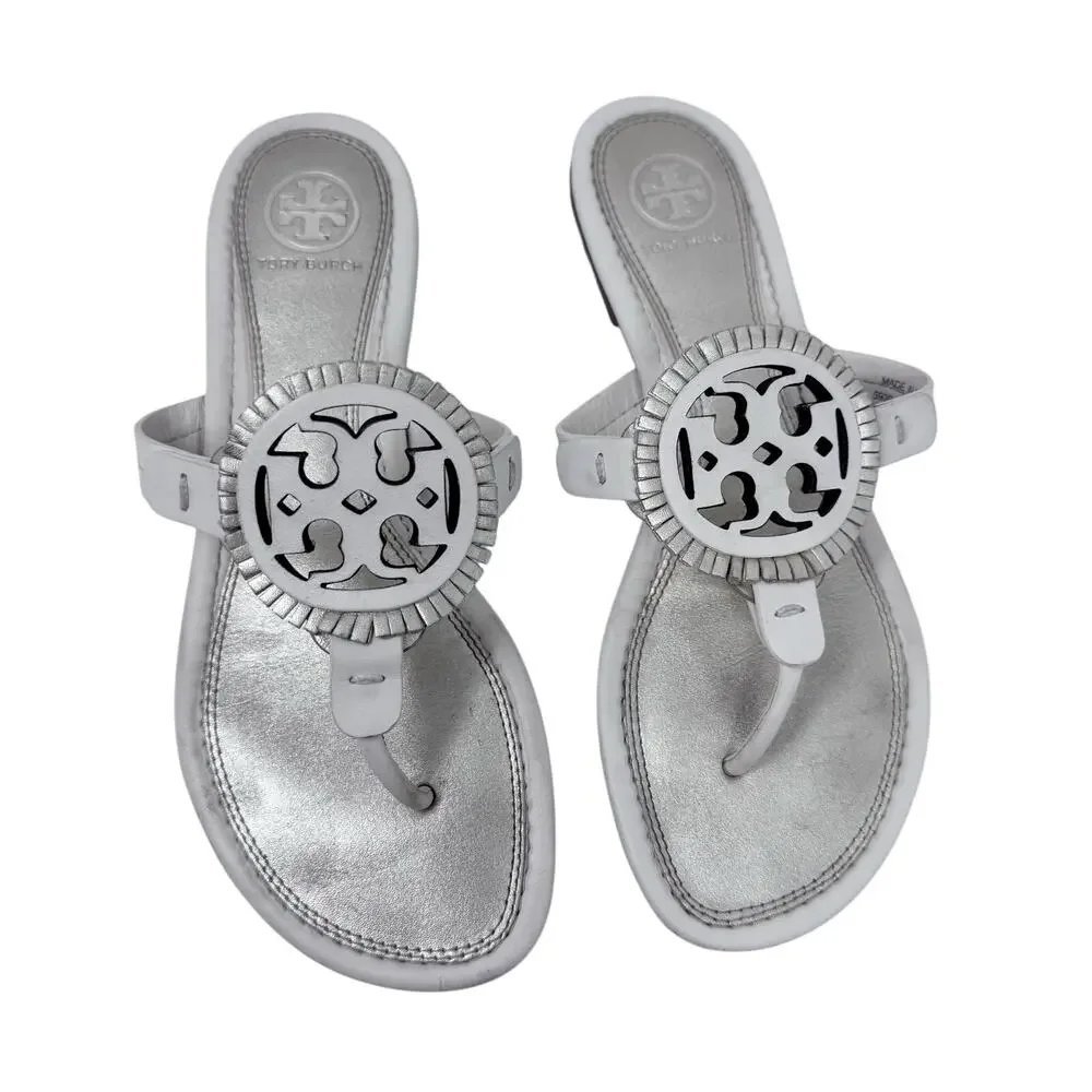 TORY BURCH Metallic Gold Cream Fringe Miller Logo Sandals Flip Flops Size 6.5